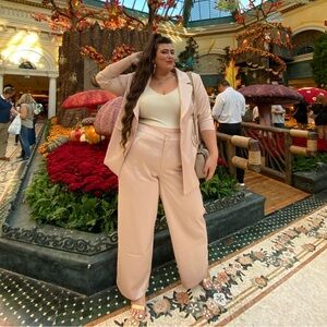 Eloquii pink/Cream Women's satin Pantsuit blazer and wide leg pants sold as set